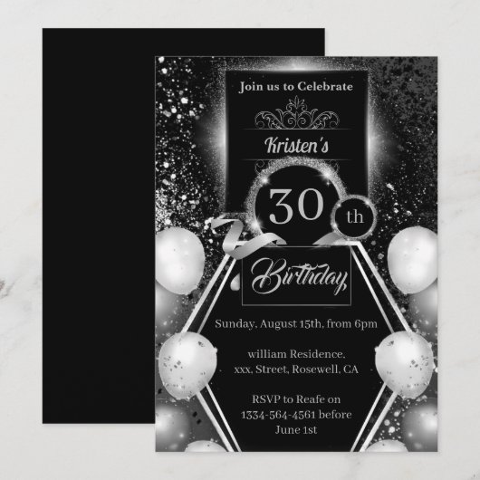 Silver en Black 30th Birthday Invitation Kaart (Voorkant / Achterkant)