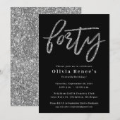 Silver en Black 40th Birthday Invitation Sjabloon Kaart (Voorkant / Achterkant)