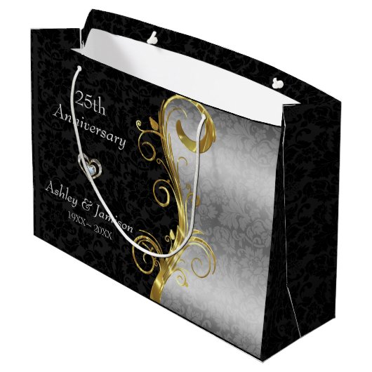 Silver en Black Damask Groot Cadeauzakje (Achterkant Gekanteld)