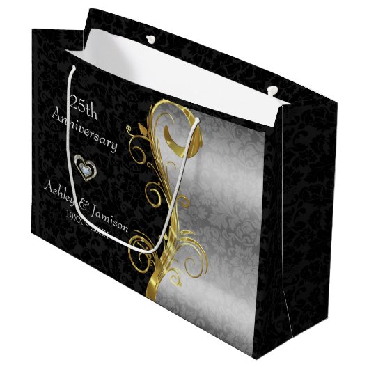 Silver en Black Damask Groot Cadeauzakje (Voorkant Gekanteld)