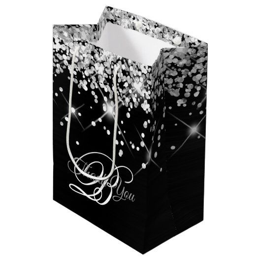 Silver en Black Fancy Monogram Dank u Medium Cadeauzakje (Voorkant Gekanteld)