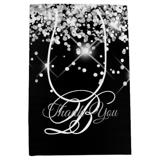 Silver en Black Fancy Monogram Dank u Medium Cadeauzakje (Voorkant)