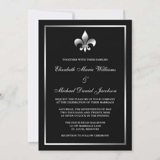Silver en Black Fleur de Lis Wedding Kaart (Voorkant)