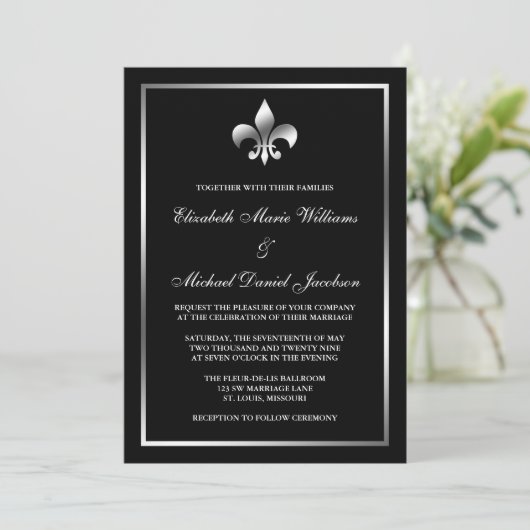 Silver en Black Fleur de Lis Wedding Kaart (Staand voorkant)