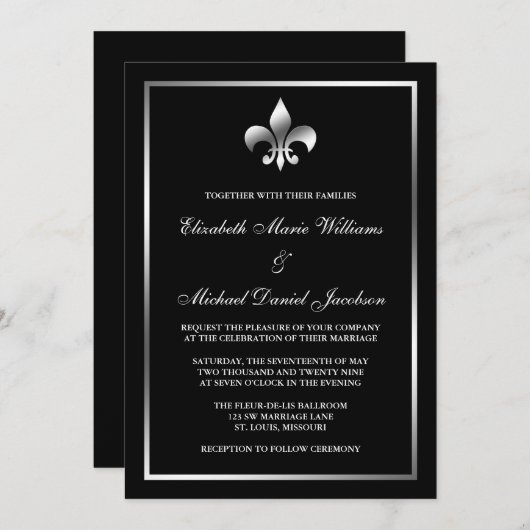 Silver en Black Fleur de Lis Wedding Kaart (Voorkant / Achterkant)