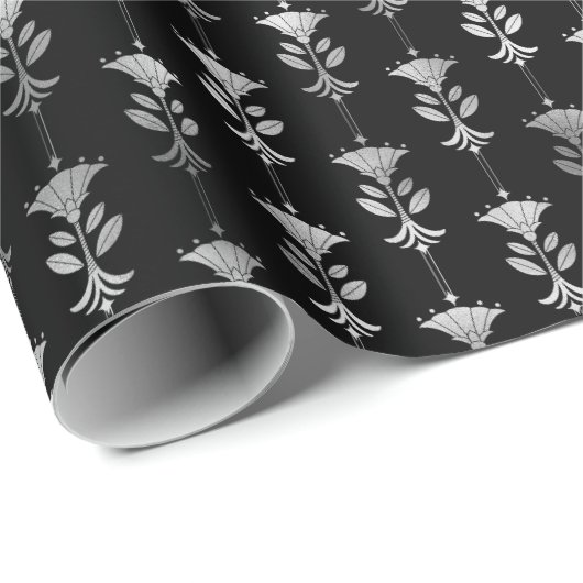 Silver en Black Floral Art Deco Pattern Cadeaupapier (Rol Hoek)