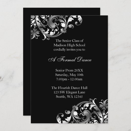 Silver en Black Flourish Prom Formele uitnodiginge Kaart (Voorkant / Achterkant)