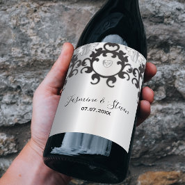 Silver en Black Glam Elegant Stylish Wedding Wijn Etiket