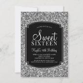 Silver en Black Glitter Sweet 16-uitnodigingen Kaart (Voorkant)