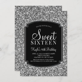Silver en Black Glitter Sweet 16-uitnodigingen Kaart