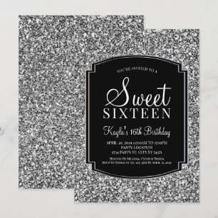 Silver en Black Glitter Sweet 16-uitnodigingen Kaart