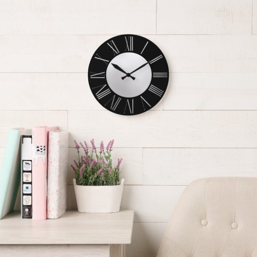 Silver en Black op SIlver Foil Large Clock Grote Klok (Leeskamer)