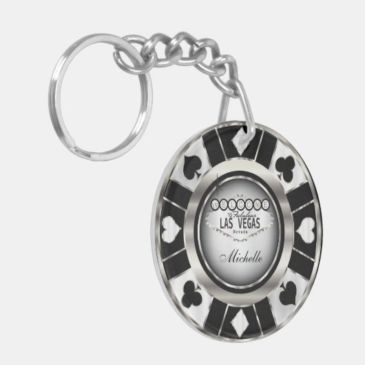 Silver en Black Poker Chip Design - Personaliseer Sleutelhanger (Voorkant Links)
