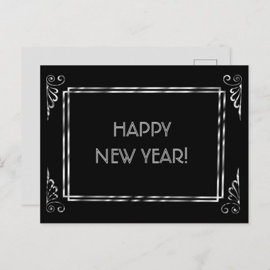 Silver en Black Roaring 20s Style Happy Nieuwjaar Briefkaart (Voorkant / Achterkant)