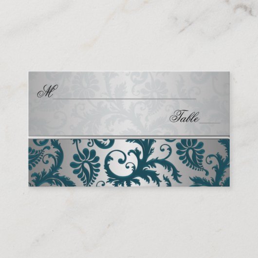 Silver en Blauwgroen Damask II Place Cards Plaatskaartje (Voorkant)