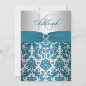 Silver en Blauwgroen Damask Sweet Sixteen Uitnodig Kaart (Voorkant)