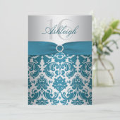 Silver en Blauwgroen Damask Sweet Sixteen Uitnodig Kaart (Staand voorkant)