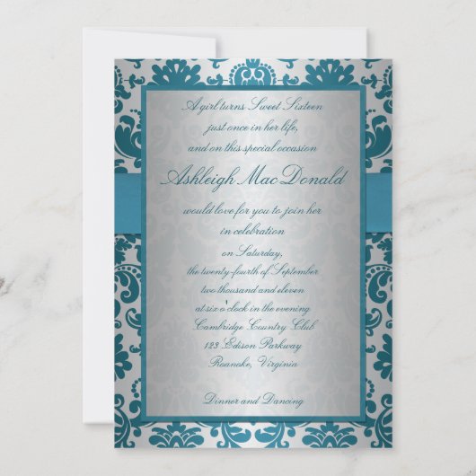 Silver en Blauwgroen Damask Sweet Sixteen Uitnodig Kaart (Achterkant)