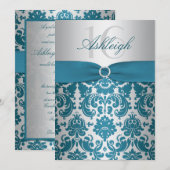 Silver en Blauwgroen Damask Sweet Sixteen Uitnodig Kaart (Voorkant / Achterkant)