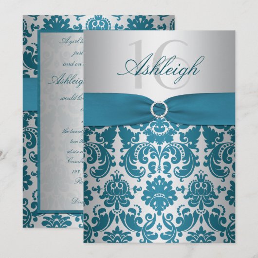 Silver en Blauwgroen Damask Sweet Sixteen Uitnodig Kaart (Voorkant / Achterkant)