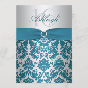 Silver en Blauwgroen Damask Sweet Sixteen Uitnodig Kaart