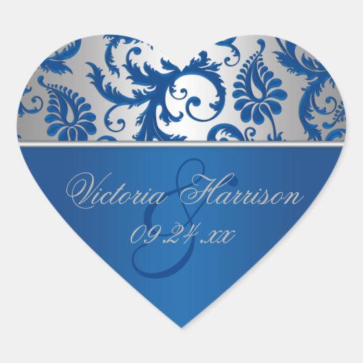 Silver en Blue Damask Heart Shaped Sticker (Voorkant)
