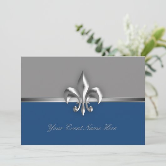 Silver en Blue Fleur de Lis Event Kaart (Staand voorkant)