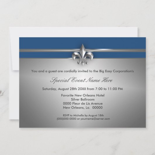 Silver en Blue Fleur de Lis Event Kaart (Achterkant)