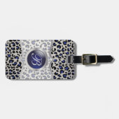 Silver en Blue Leopard Animal Print | Monogram Bagagelabel (Voorkant horizontaal)