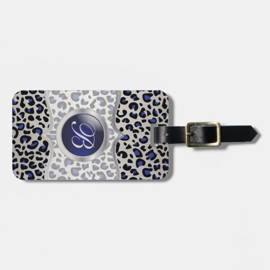Silver en Blue Leopard Animal Print | Monogram Bagagelabel (Voorkant horizontaal)
