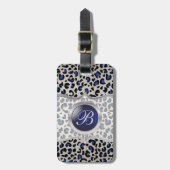Silver en Blue Leopard Animal Print | Monogram Bagagelabel (Voorkant verticaal)