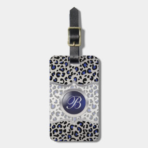 Silver en Blue Leopard Animal Print Monogram Bagagelabel