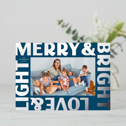 Silver en Blue Merry en Bright Love and Light Folie Feestdagenkaart (Staand Voorkant)