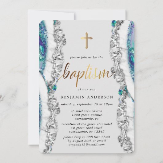 Silver- en Blue Mineral Stone Baptisme Kaart (Voorkant)