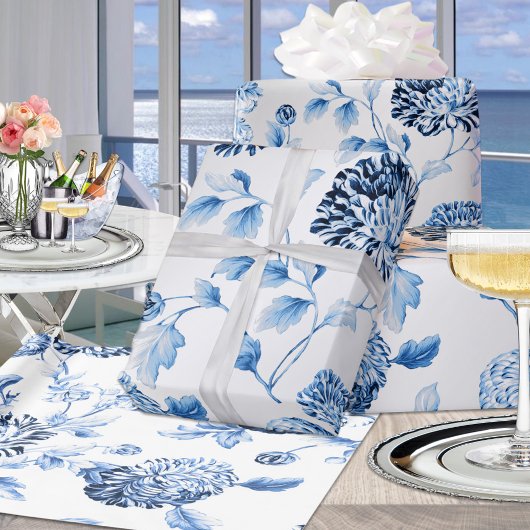 Silver en Blue Modern  Floral Toile Cadeaupapier