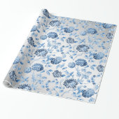 Silver en Blue Modern  Floral Toile Cadeaupapier (Uitgerold)