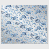 Silver en Blue Modern  Floral Toile Cadeaupapier (Vlak)