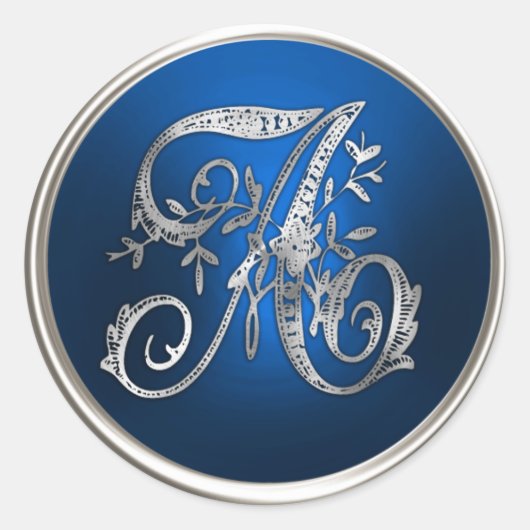 Silver en Blue Monogram A Envelope Seal Ronde Sticker (Voorkant)