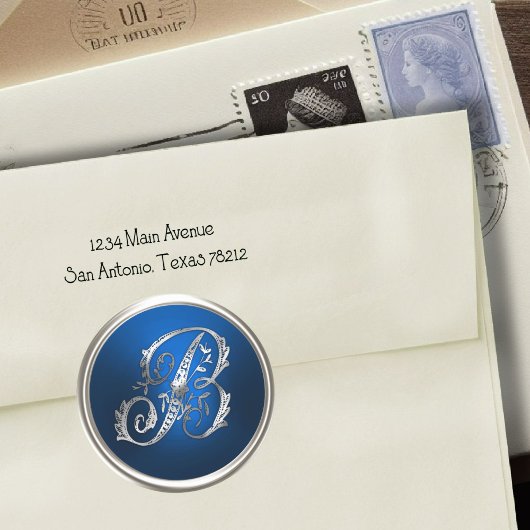 Silver en Blue Monogram B Envelope Seal Ronde Sticker