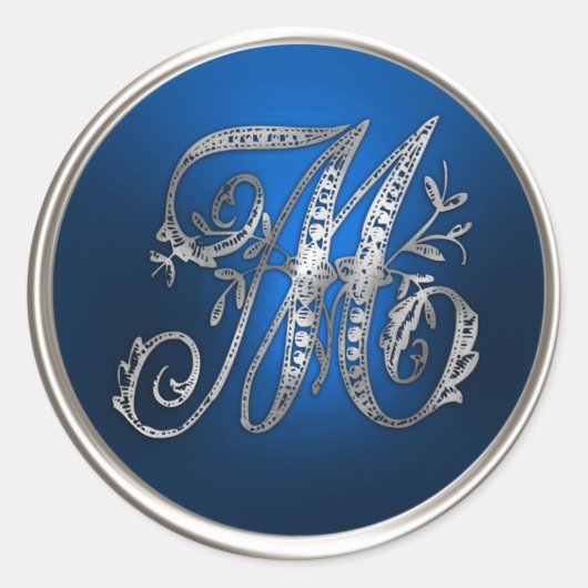 Silver en Blue Monogram M Envelope Seal Ronde Sticker (Voorkant)