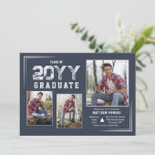 Silver en Blue Photo Afstuderen Invitation Kaart (Staand voorkant)