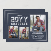 Silver en Blue Photo Afstuderen Invitation Kaart (Voorkant / Achterkant)