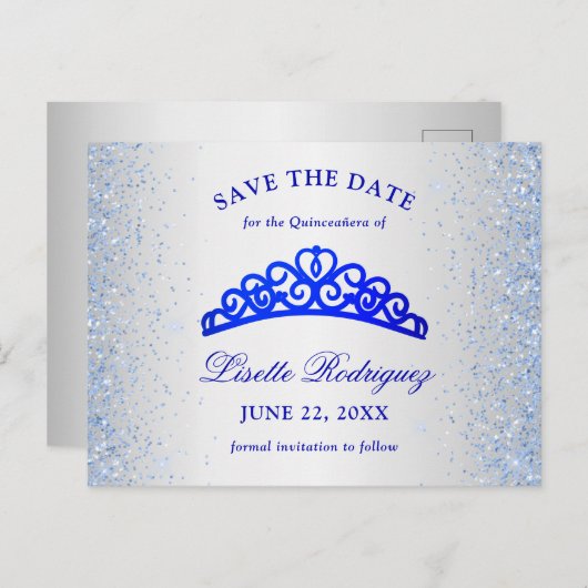 Silver en Blue Quinceanera bewaren de datum Briefkaart (Voorkant / Achterkant)