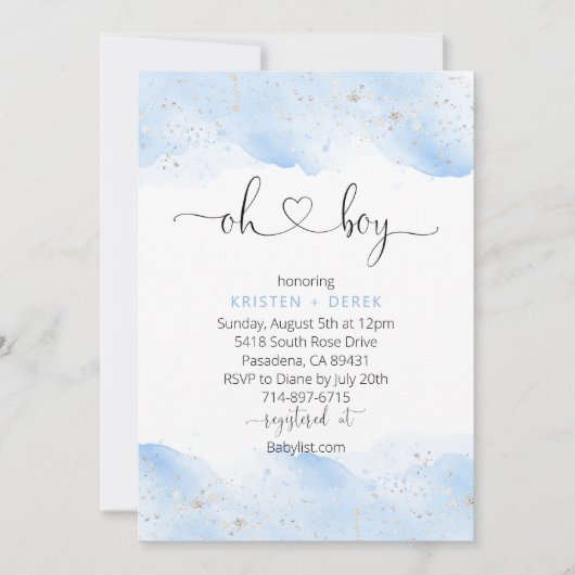 Silver en Blue Waterverf Oh Boy Baby shower Kaart (Voorkant)