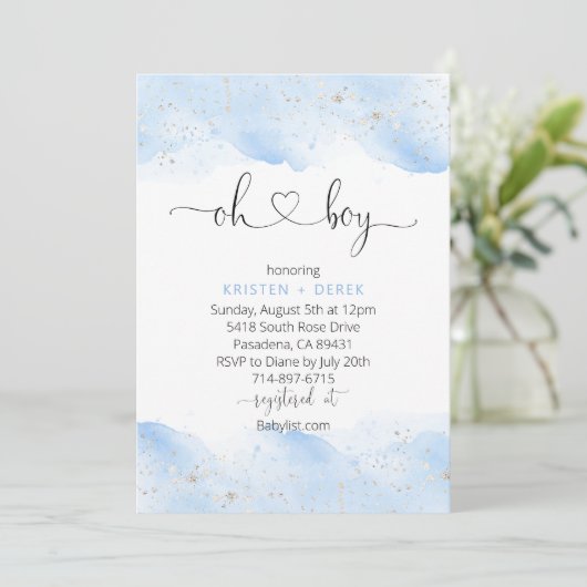 Silver en Blue Waterverf Oh Boy Baby shower Kaart (Staand voorkant)