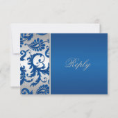 Silver- en Cobalt Blue Damask-antwoordkaart RSVP Kaartje (Voorkant)