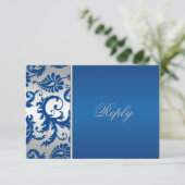 Silver- en Cobalt Blue Damask-antwoordkaart RSVP Kaartje (Staand voorkant)