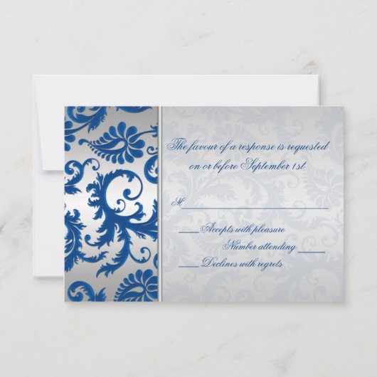 Silver- en Cobalt Blue Damask-antwoordkaart RSVP Kaartje (Achterkant)