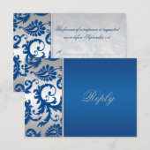 Silver- en Cobalt Blue Damask-antwoordkaart RSVP Kaartje (Voorkant / Achterkant)