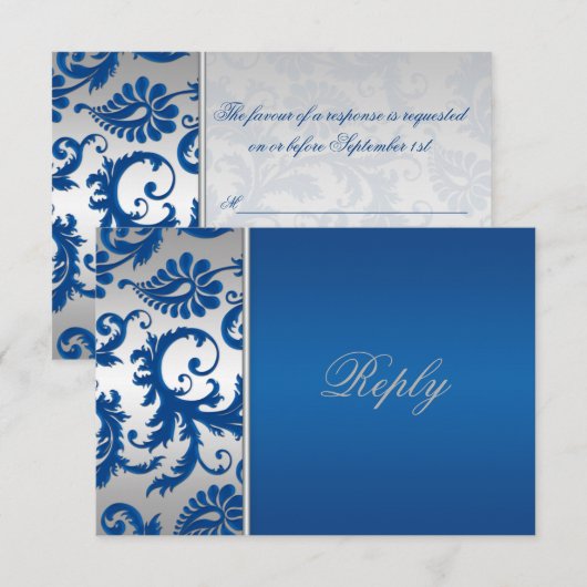 Silver- en Cobalt Blue Damask-antwoordkaart RSVP Kaartje (Voorkant / Achterkant)